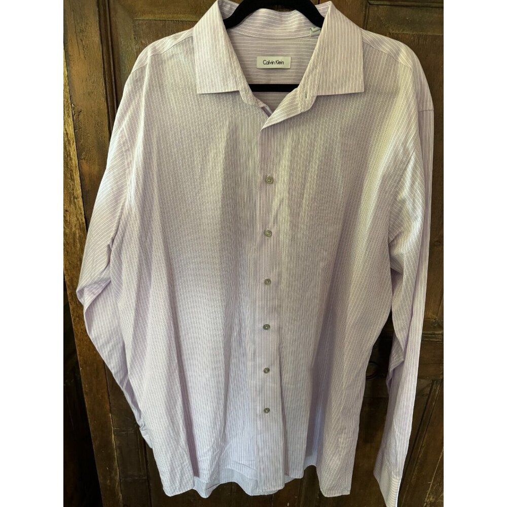Calvin Klein Mens Tall 18 36/37 Lavender Striped Long Sleeve Button Up‎ Shirt - Picture 3 of 5